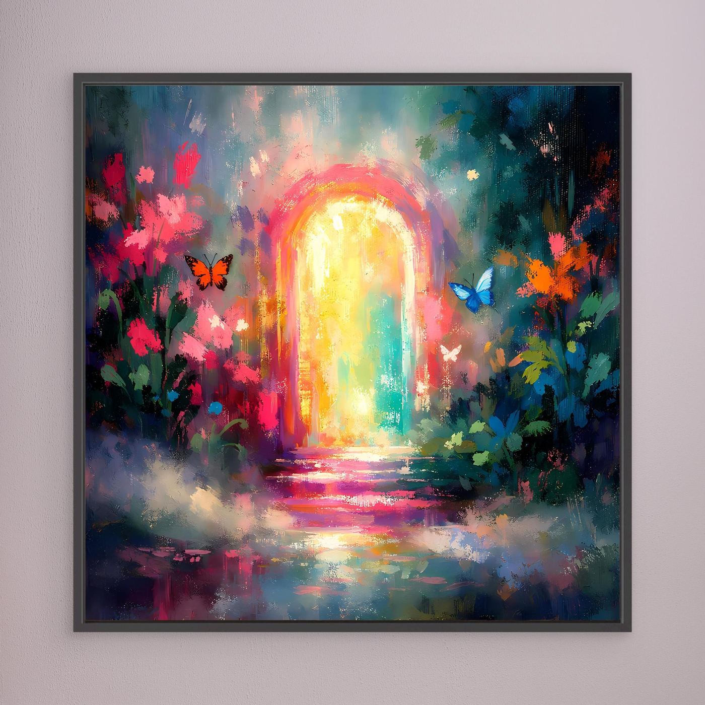 Wandbild-Lichttor mit Regenbogenleuchten, Blumen und Schmetterlingen, schwarzer Rahmen