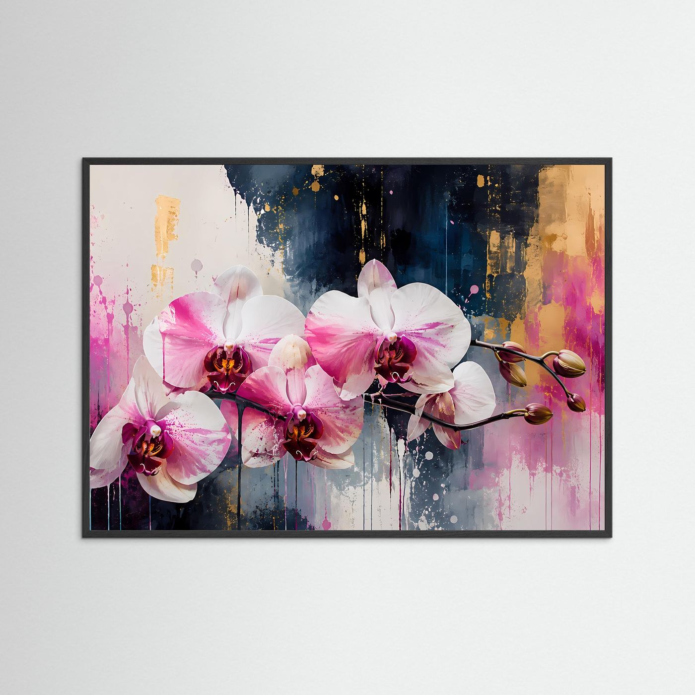 Elegante Rosa Orchideen in Gold | Modernes Florales Wandbild Querformat