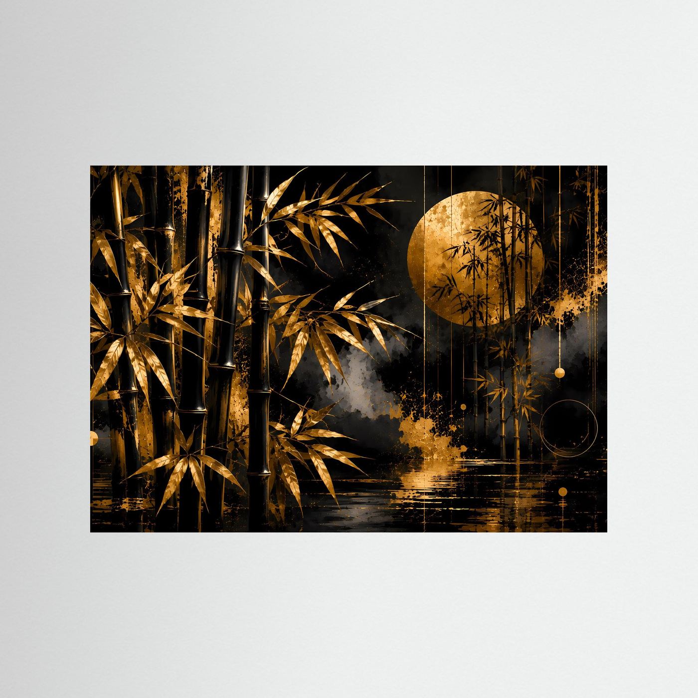 Querformat-Poster mit goldenem Bambuswald-Motiv auf schwarzem Hintergrund