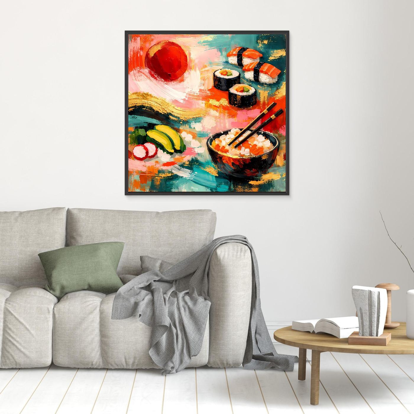 Leinwandbild mit Sushi-Motiv, klein an der Wand: Schüssel mit Sushi, Stäbchen, leuchtende Farbtöne