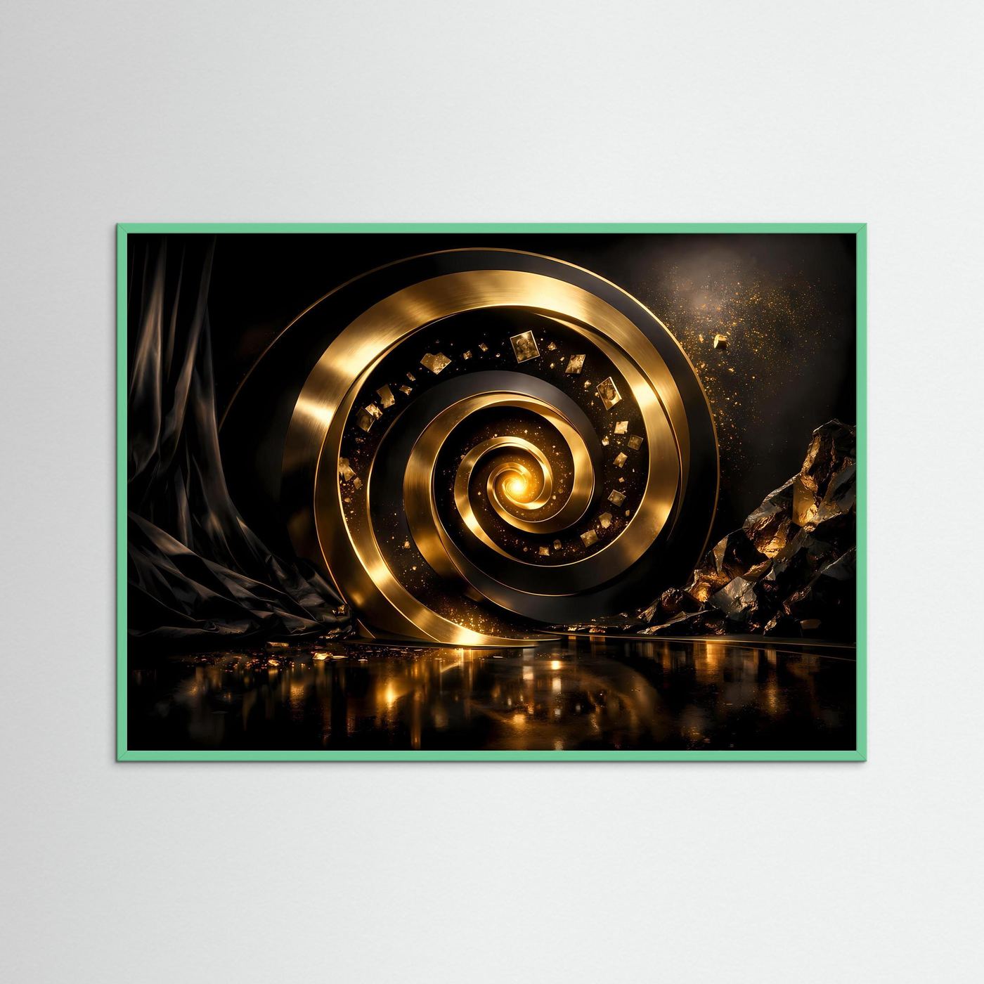 Goldenes Wandbild mit 3D-Spirale, grün eingefasster Rahmen
