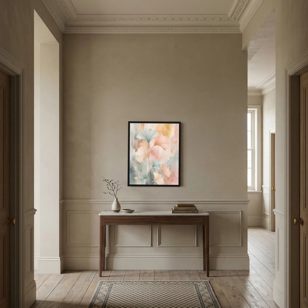 Gerahmtes Hochformat-Kunstposter mit zarten Blättern in Rosa-, Salbei- und Goldtönen