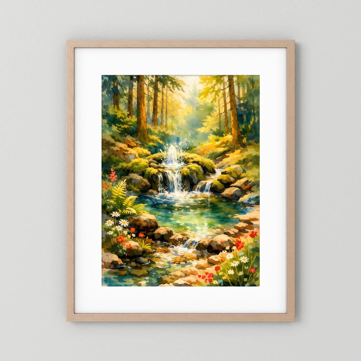 Hochformatiges Poster mit Waldwasserfall, Bach und Blumen, heller Holzrahmen und weißer Rand.