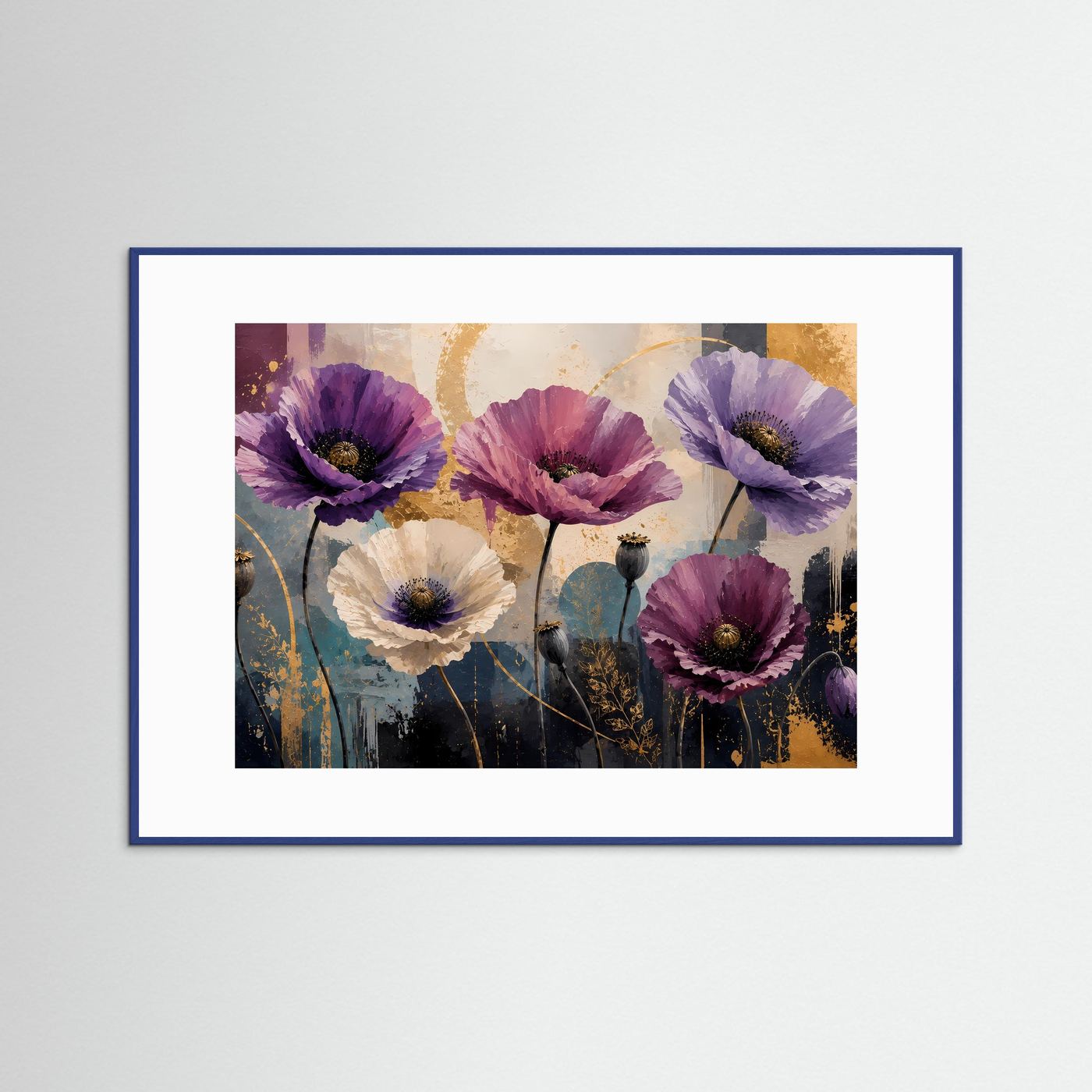 Abstraktes Mohnblumen-Poster, Querformat, blauer Holzrahmen, weißes Passepartout