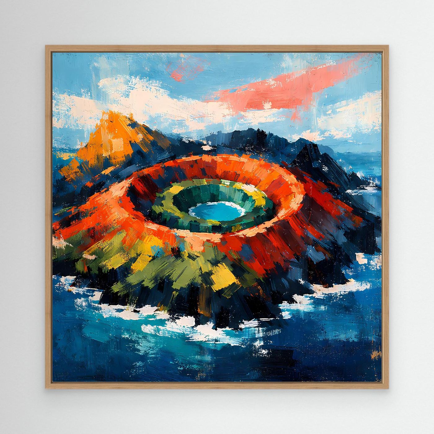 Abstraktes Leinwand-Wandbild mit Vulkankrater im Meer, bunte Akzente, Eichenrahmen