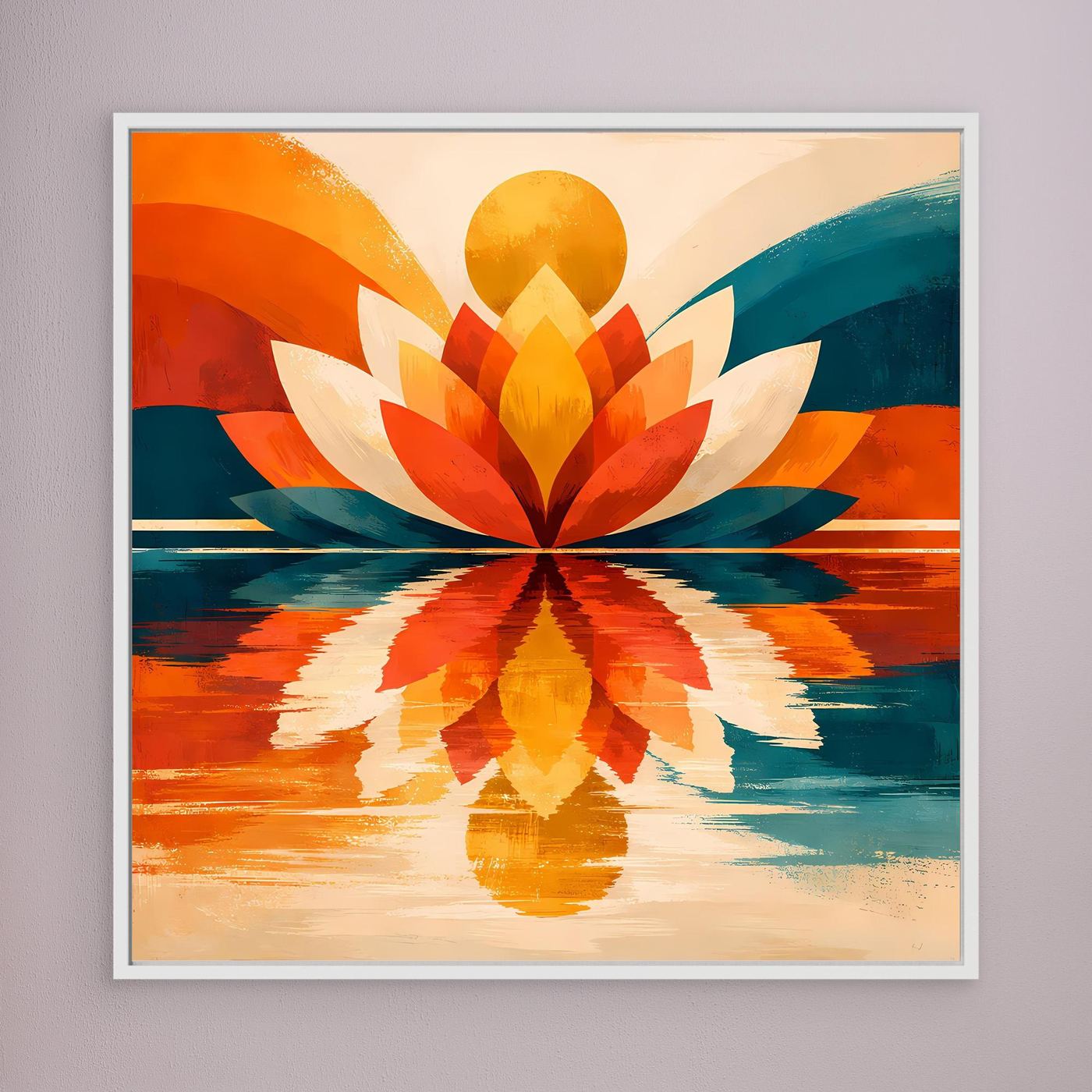 Leinwandbild mit symmetrischem Lotus-Motiv in Orange, Gelb und Türkis, weiß gerahmt