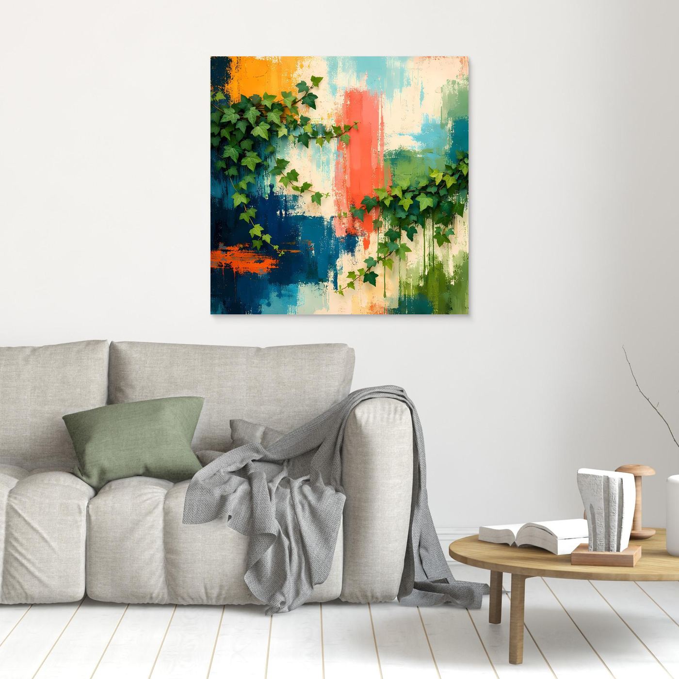 Gerahmtes Leinwandbild mit Efeuranken und bunten Farbschlieren an heller Wand