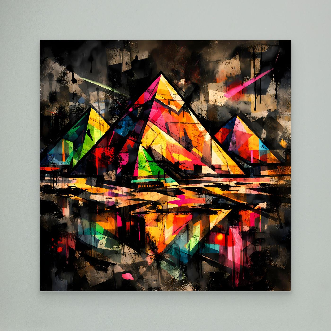 Leinwandbild: abstrakte bunte Pyramiden im Street-Art-Stil, dunkler Hintergrund, schwarzer Rahmen