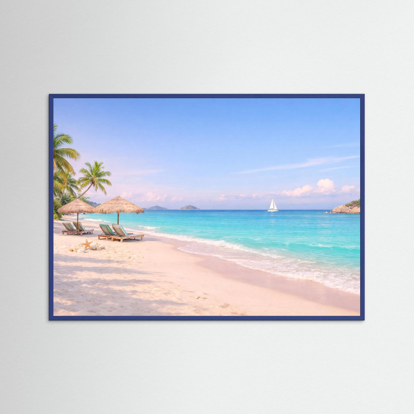 Poster Querformat mit Strandmotiv im blau eingefassten Rahmen: Palmen, Meer, Sand