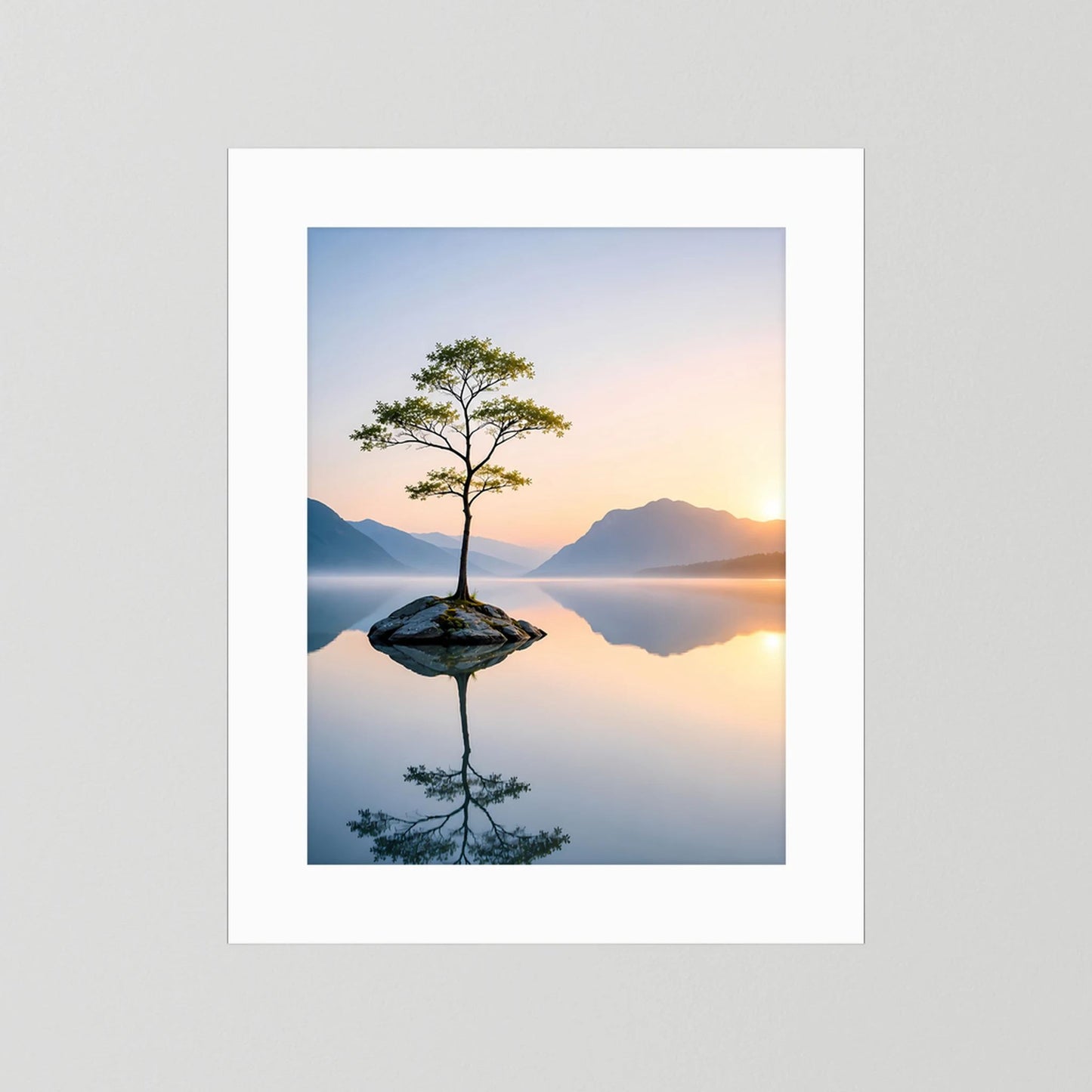 Poster im Hochformat mit Baummotiv und klarer Spiegelung im stillen Wasser