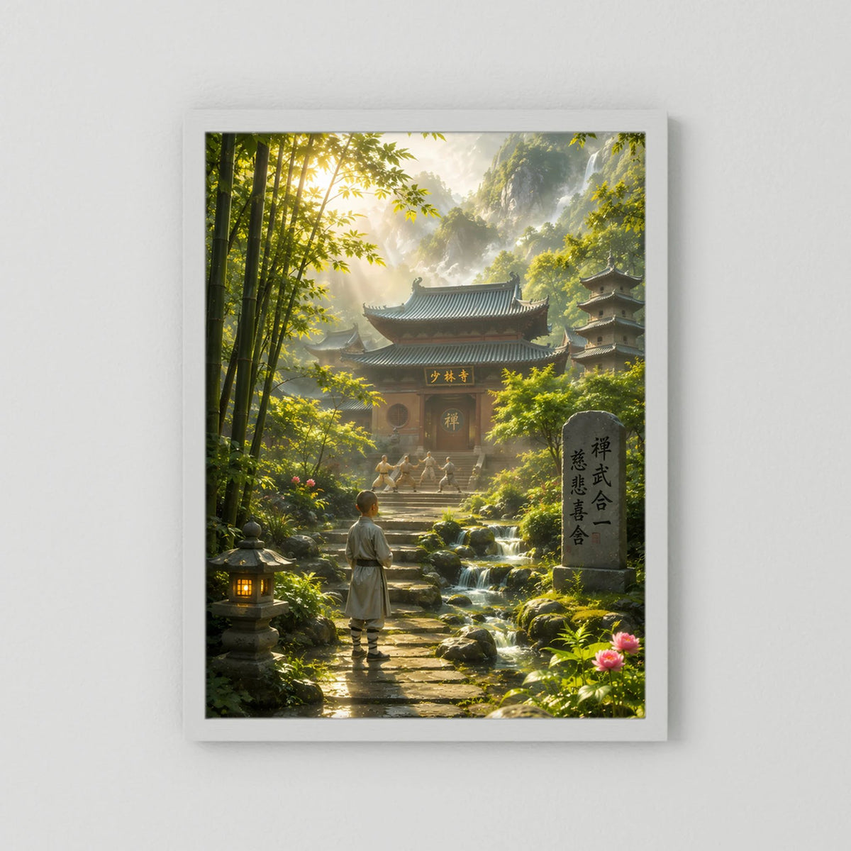 Hochformat-Poster mit Tempelweg im Bambuswald und Mönch vor Pagode, weiß gerahmt