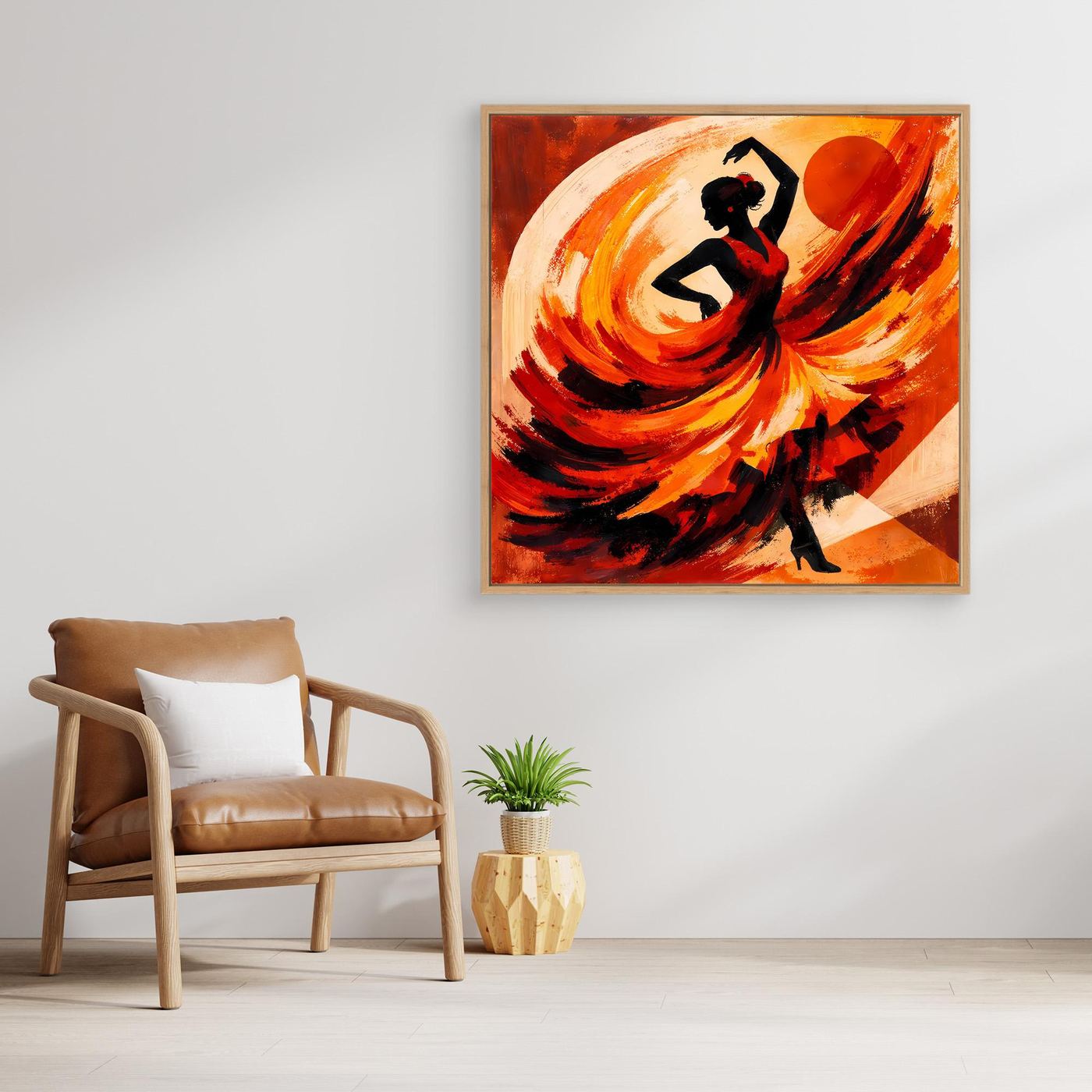 Gerahmtes Leinwandbild: Flamenco-Tänzerin mit schwarzer Silhouette und orange-rotewirbelnden Farben
