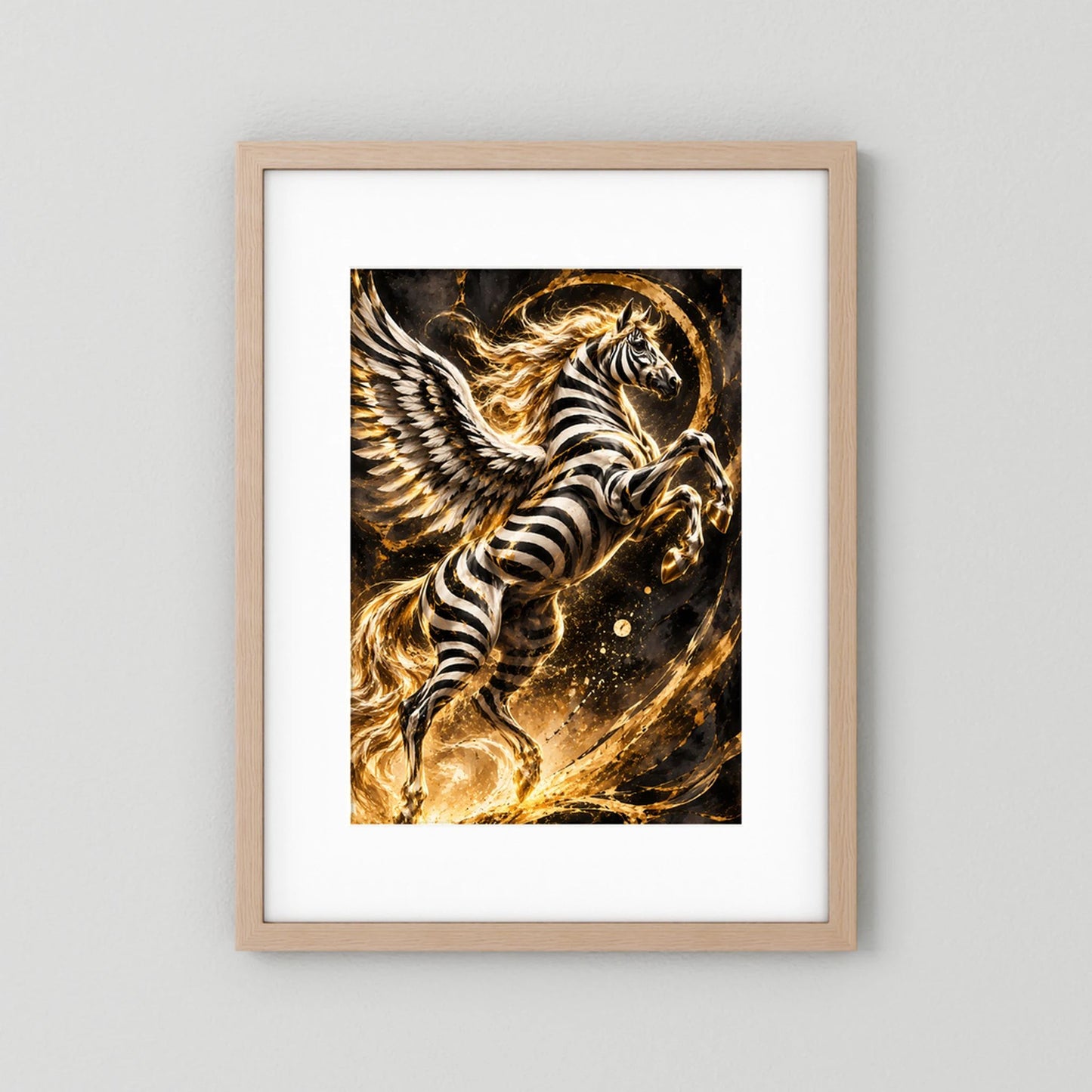 Poster Hochformat mit geflügeltem Zebra-Pegasus im hellen Holzrahmen, Schwarz-Weiß, Gold