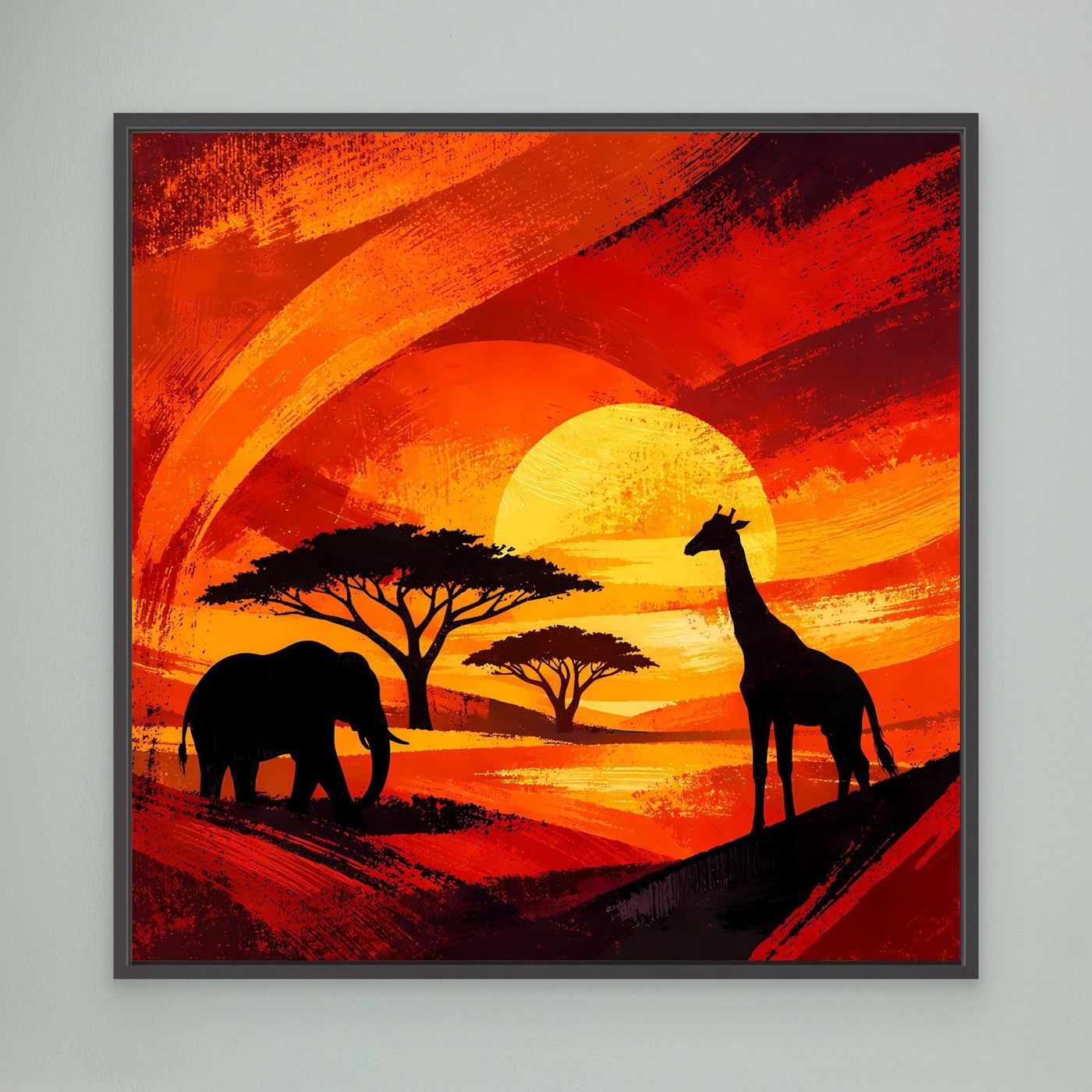 Gerahmtes Leinwandbild im dunklem Rahmen: Elefant- und Giraffensilhouetten, orangefarbener Sonnenuntergang