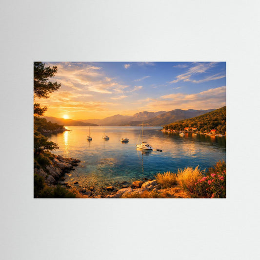 Poster im Querformat mit Sonnenuntergang an einer Bucht und mehreren Segelbooten
