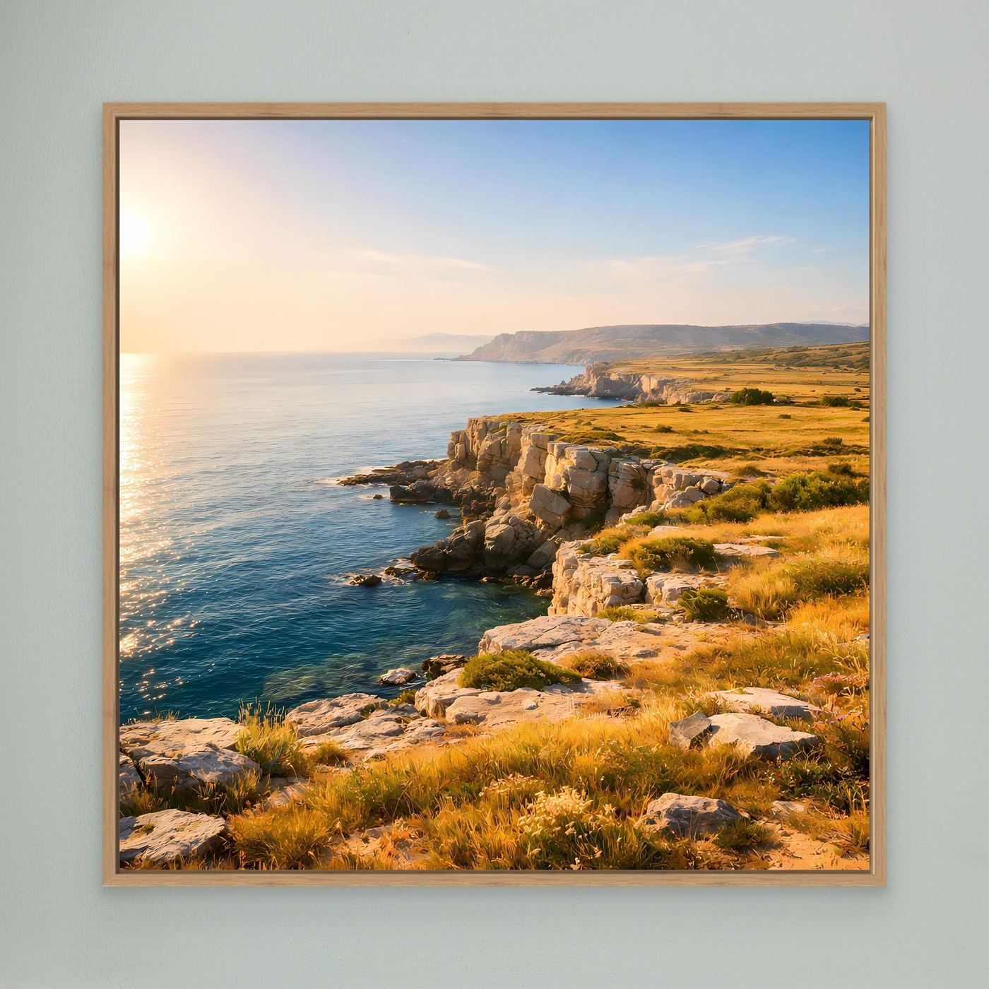 Leinwandbild Steilküste mit Meer und Felsen bei Sonnenuntergang, Eichenrahmen