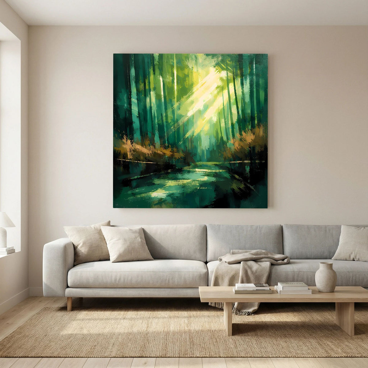 Abstraktes Wandbild auf Leinwand: grüner Waldweg, Lichtkegel und Wasserfläche