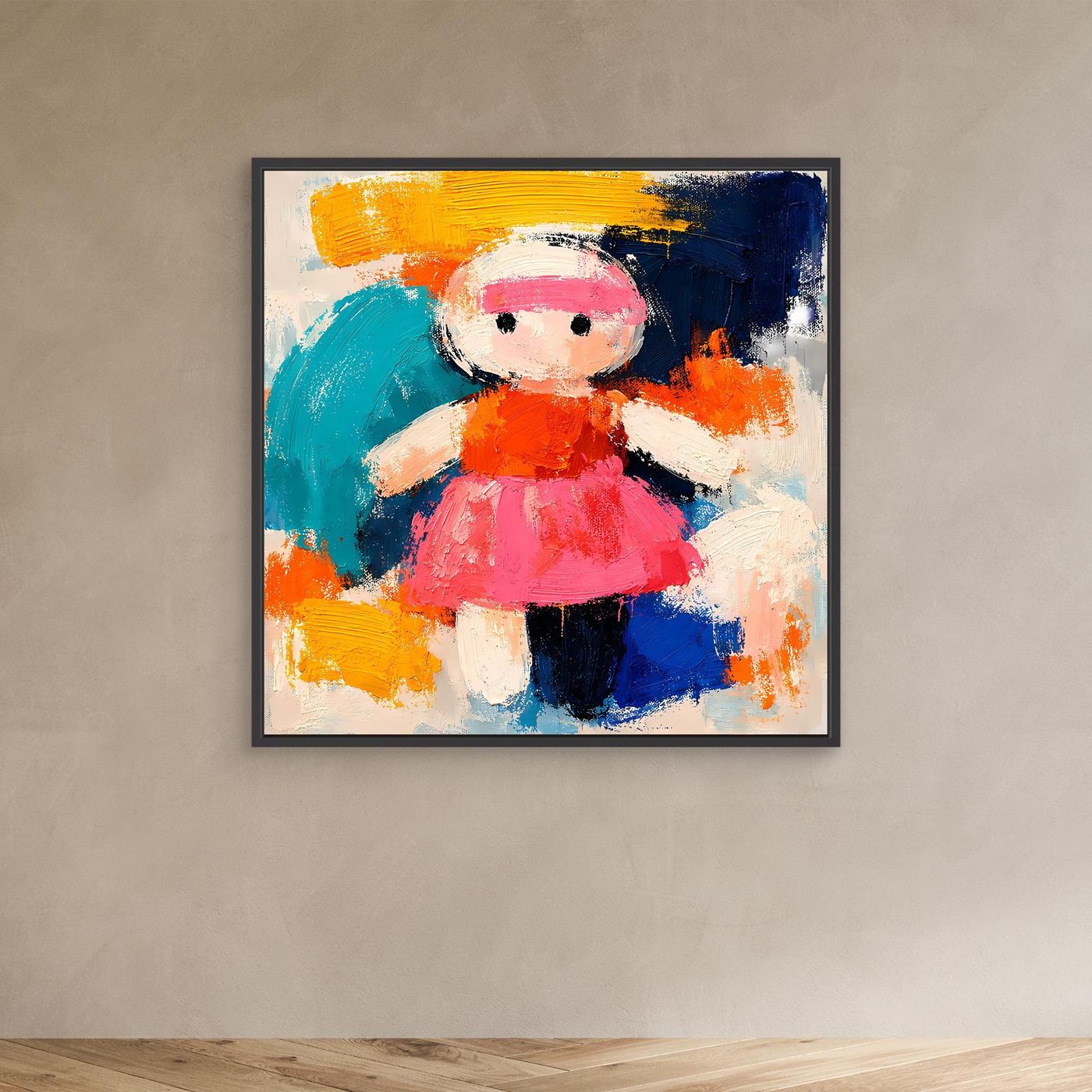 Abstract doll wall canvas with colorful strokes, black frame, mounted