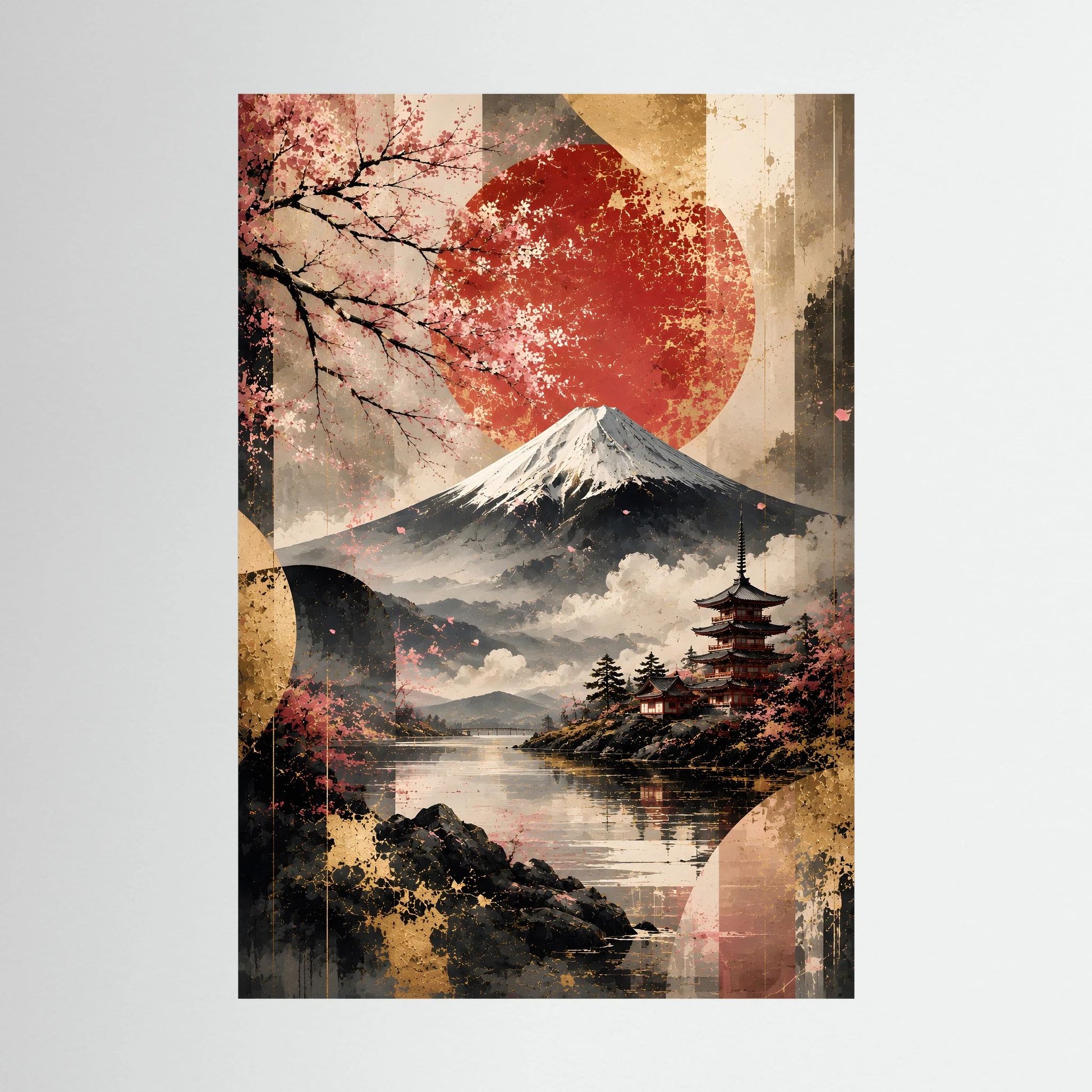 Japanisches Poster im Hochformat mit Fuji, roter Sonne, Kirschblüten und Pagode.