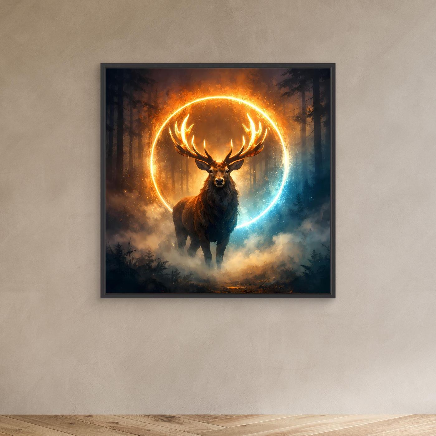 Leinwandbild: Hirsch im orange-blau leuchtenden Kreis, schwarzer Rahmen, Wald und Nebel