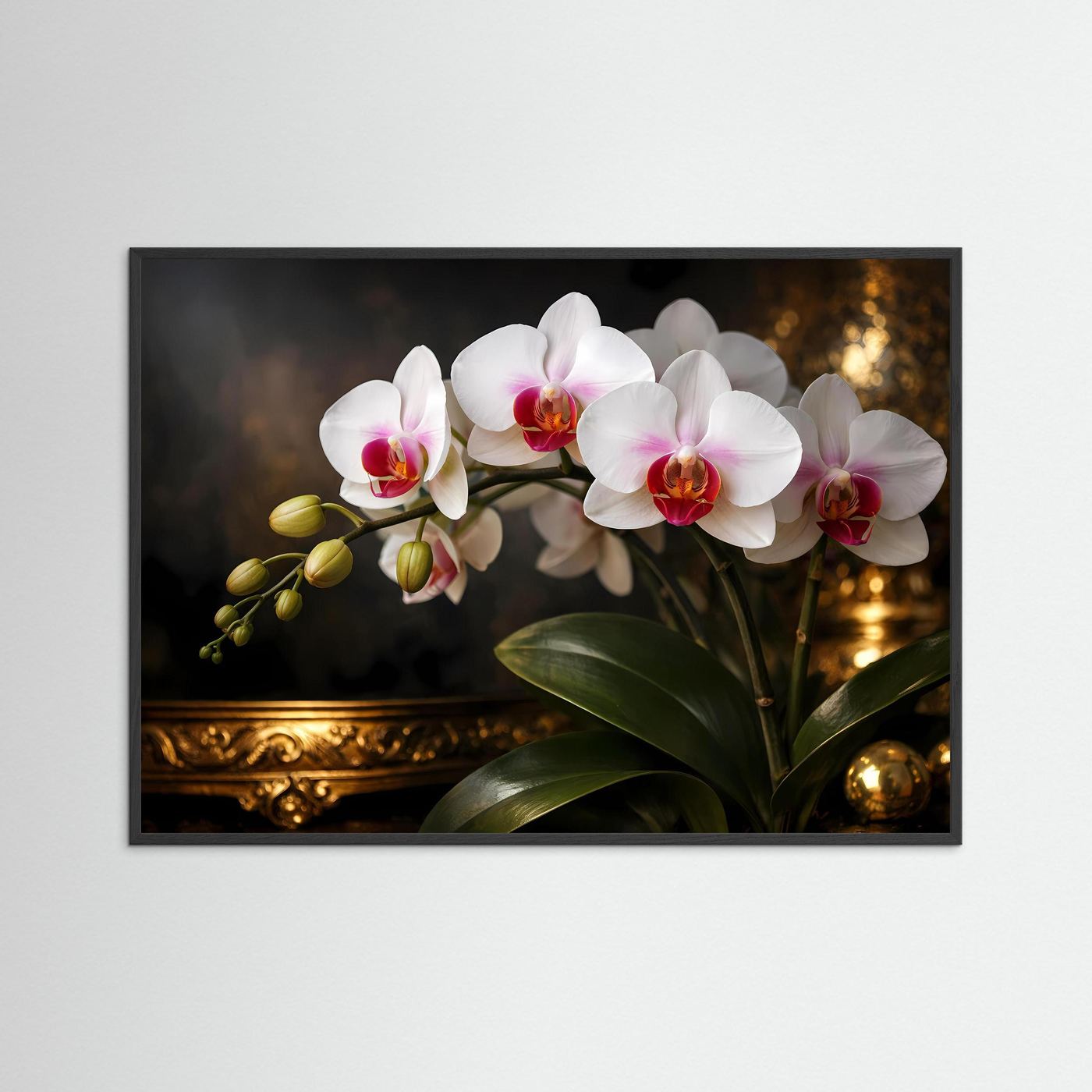 Orchideenposter mit weißen Blüten, rosa Zentren und goldenen Akzenten, schwarzer Rahmen