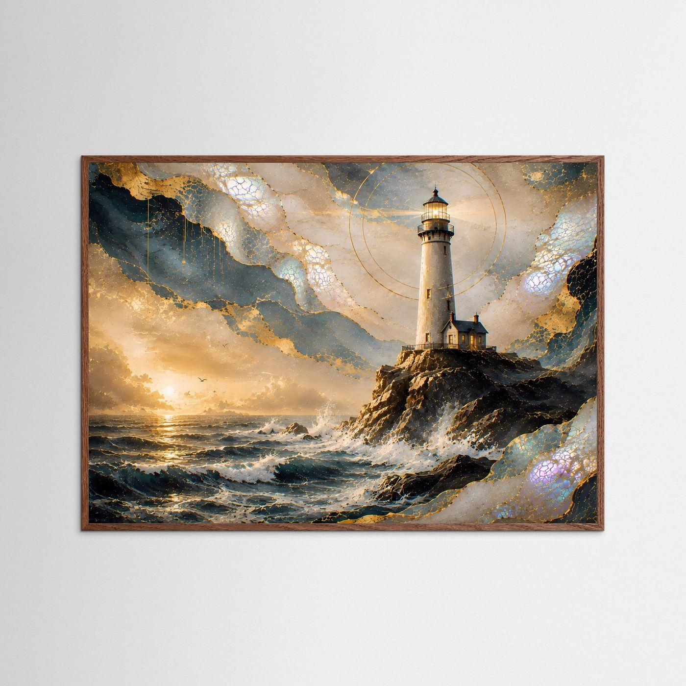 Leuchtturm am Meer bei Sonnenuntergang | Abstrakte Küstenkunst Gold