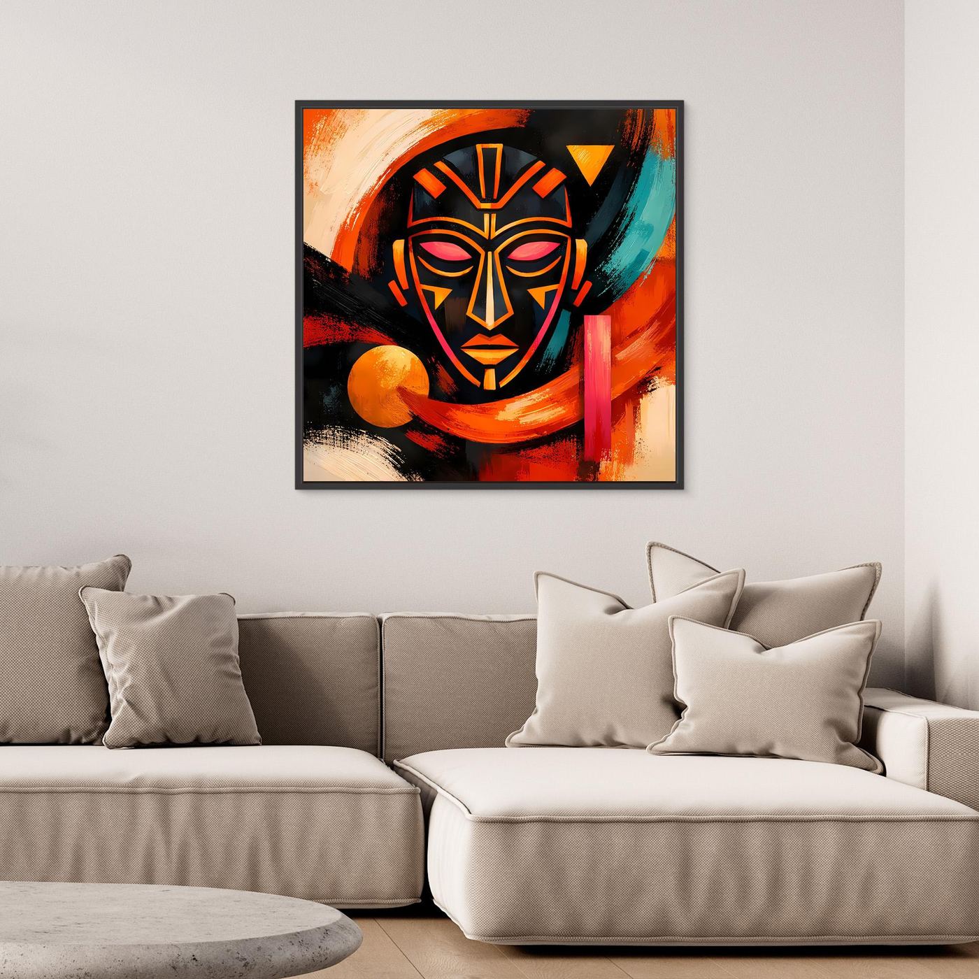 Gerahmtes Leinwandbild: afrikanische Maske in kräftigen Farben mit Türkis- und Orangeflächen
