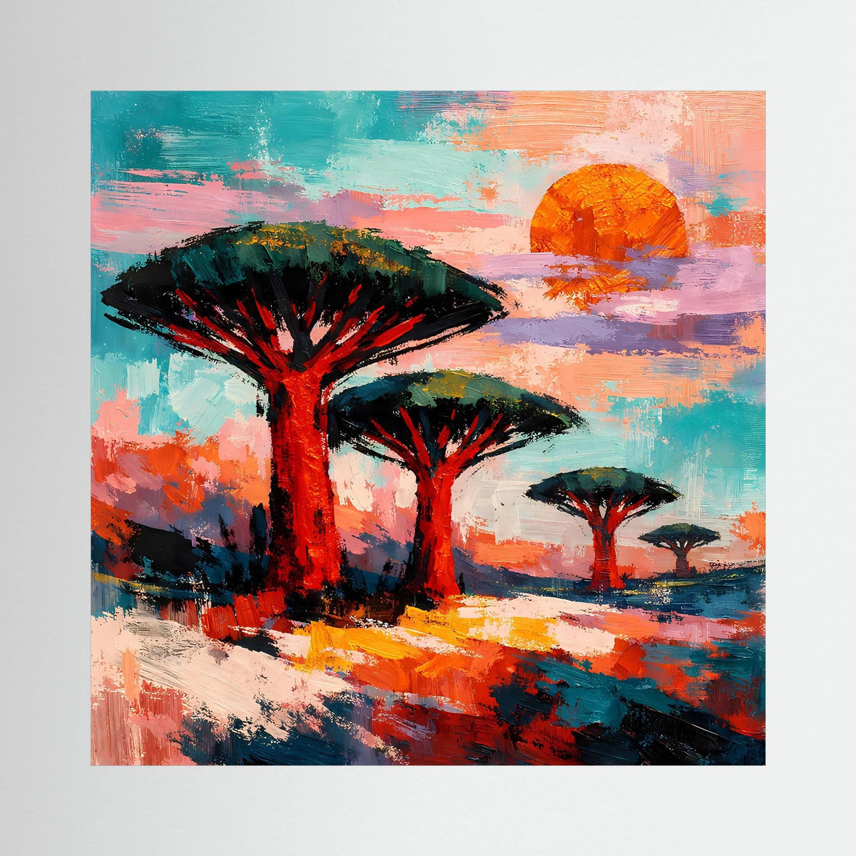 Ungefasstes Leinwandbild mit abstrakten Savannenbäumen und orangefarbener Sonne