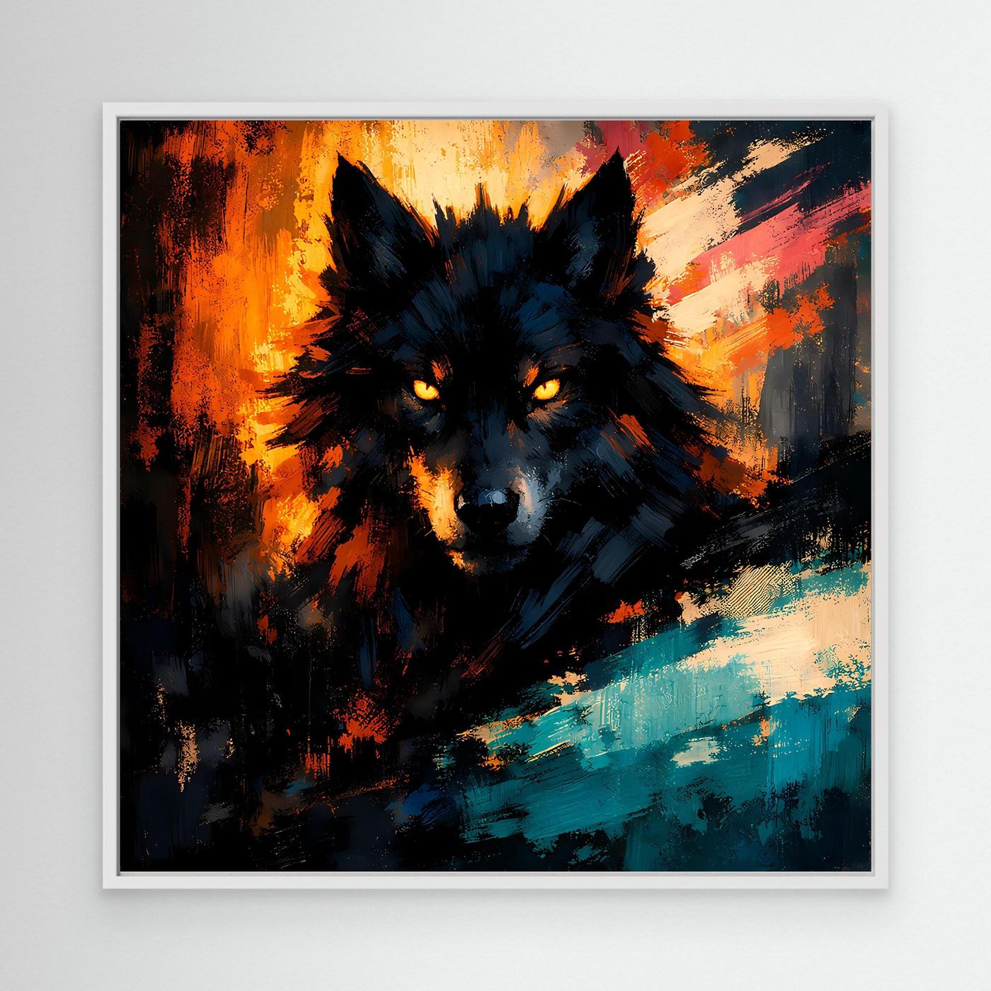 Wandbild mit abstraktem Wolf im Feuerlicht, dunkles Fell, weißer Rahmen, orange und türkis