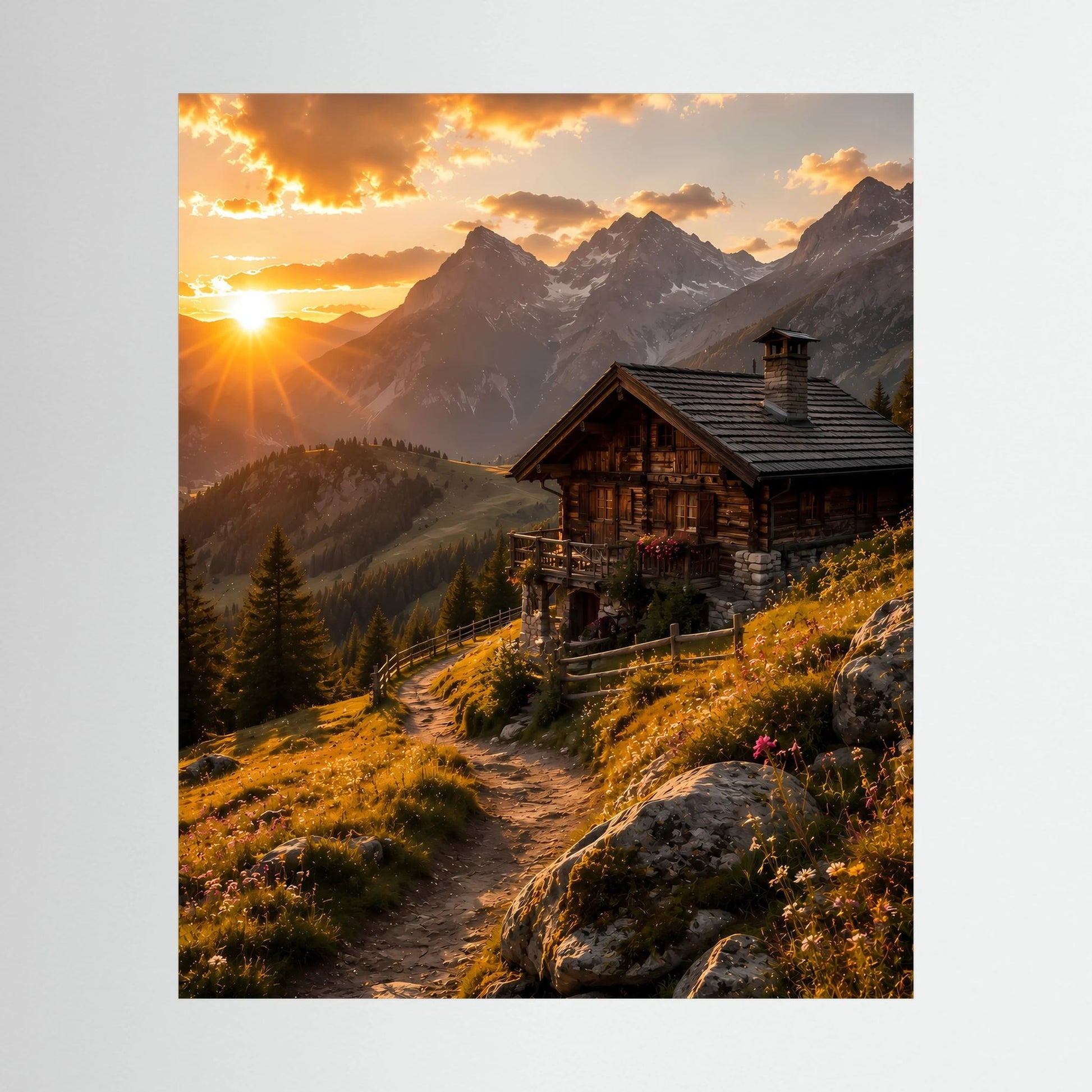 Hochformat-Poster: Sonnenuntergang mit Holzberghütte und Bergpfad