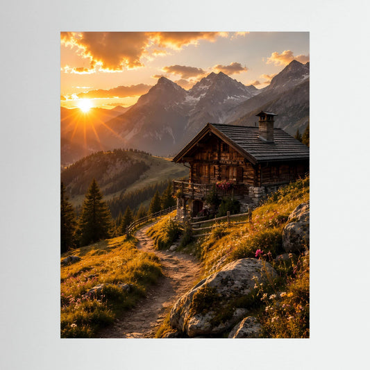 Hochformat-Poster: Sonnenuntergang mit Holzberghütte und Bergpfad