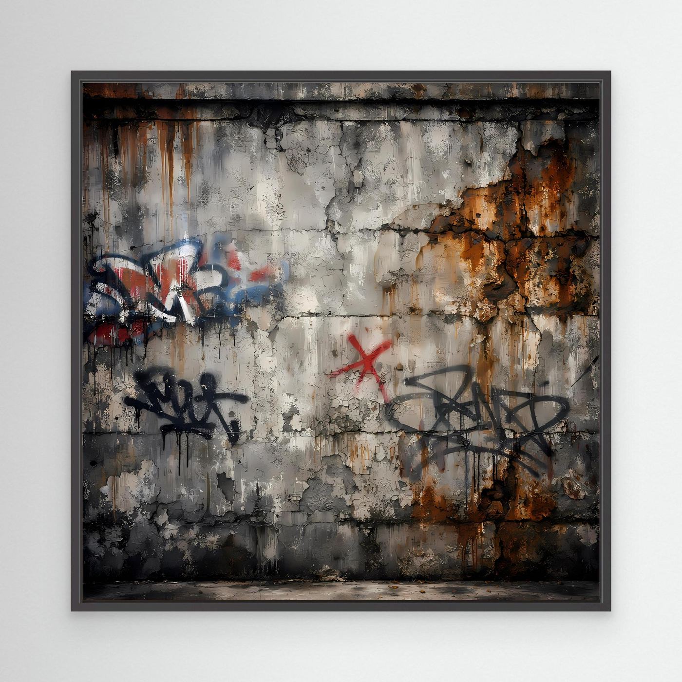Leinwandbild mit Graffiti auf Betonwand im schwarzen Rahmen, grau mit rostbraunen Spritzern