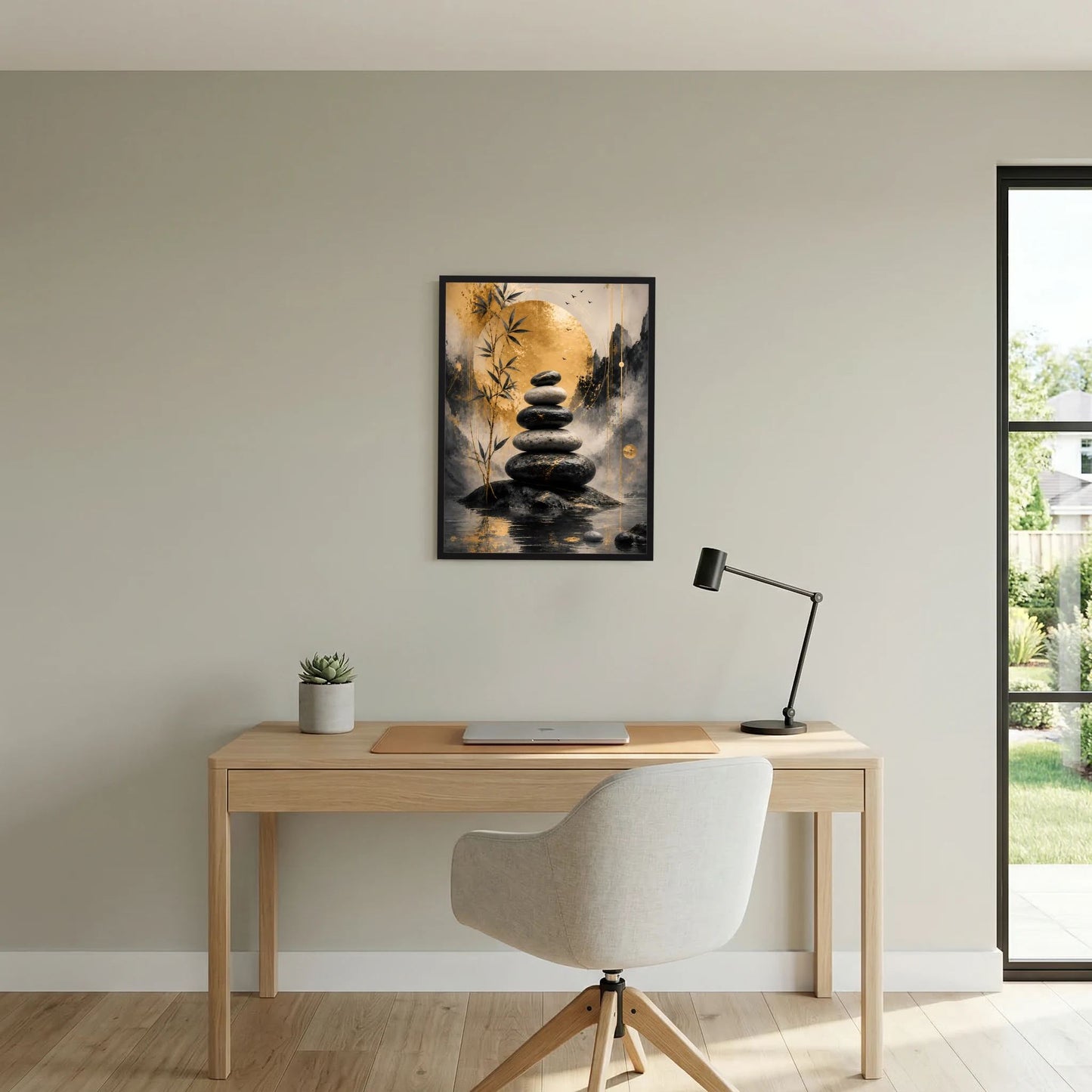 Gerahmtes Poster mit schwarzen Steinen und Bambuszweigen, abstrakte Komposition mit goldener Fläche
