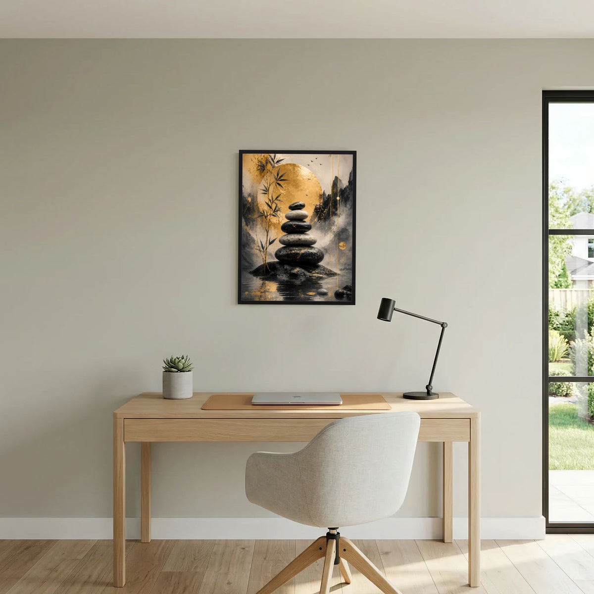 Gerahmtes Poster mit schwarzen Steinen und Bambuszweigen, abstrakte Komposition mit goldener Fläche