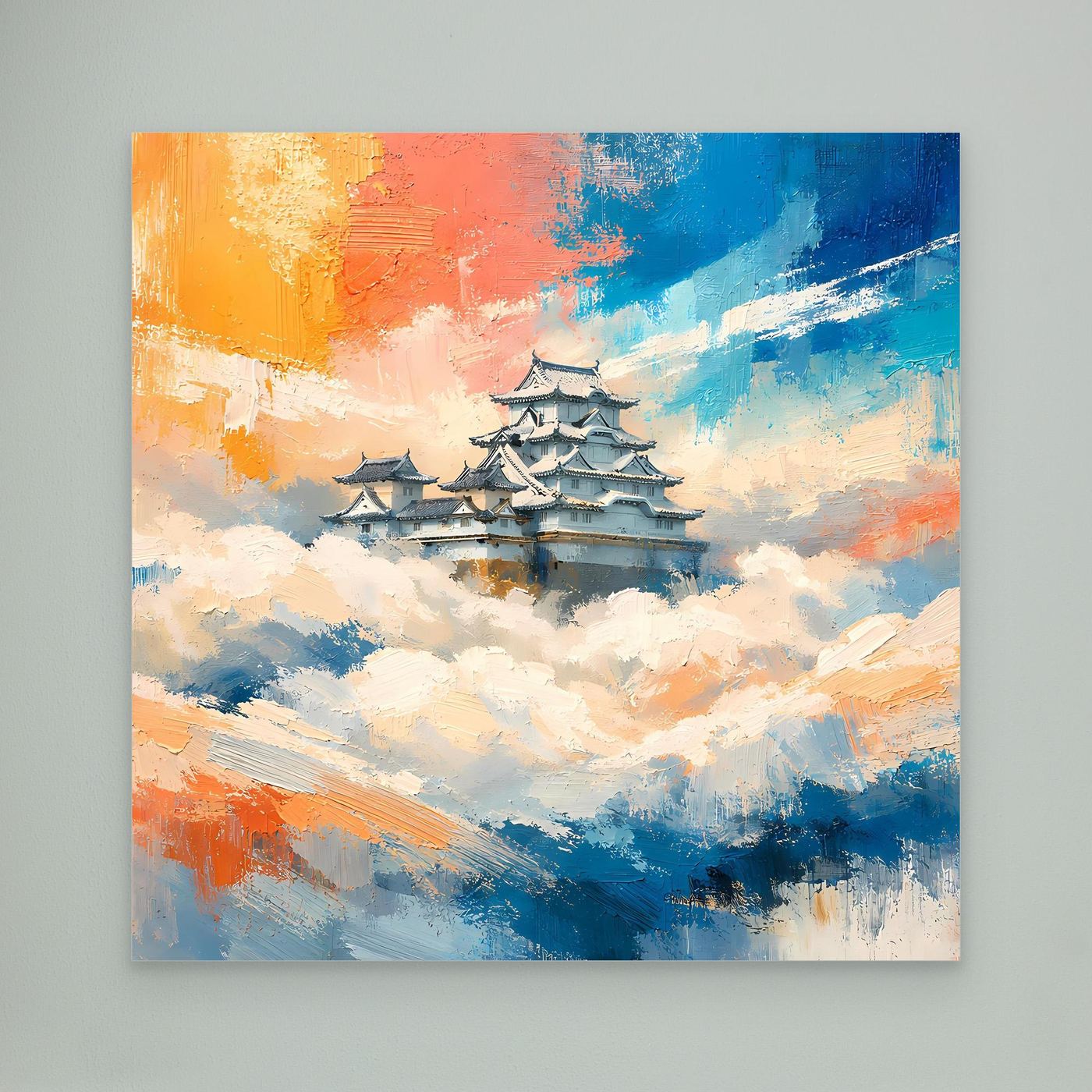 Leinwand Traditionelle Japanische Burg über den Wolken | Fernöstliches Wandbild auf echter Leinwand