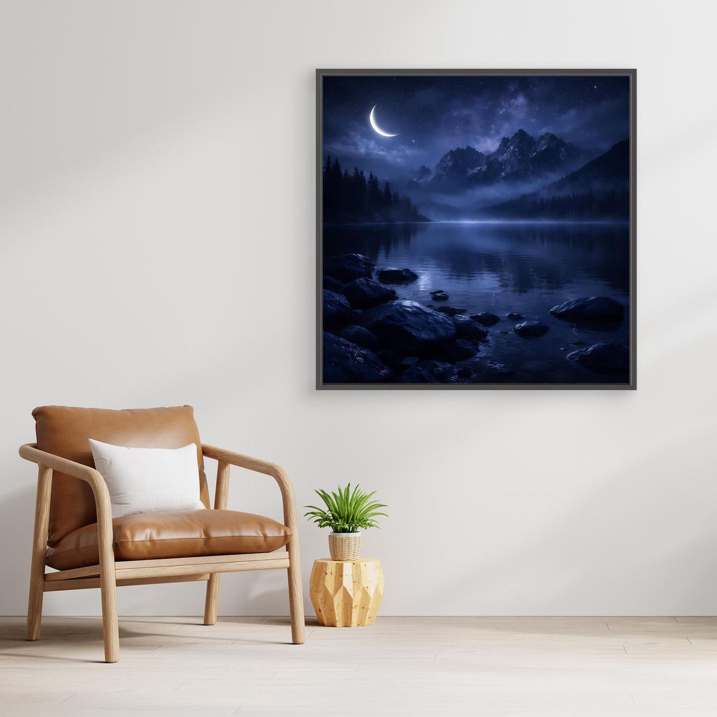 Leinwandbild Nachtlandschaft mit Mond über Bergsee, schwarzer Holzrahmen