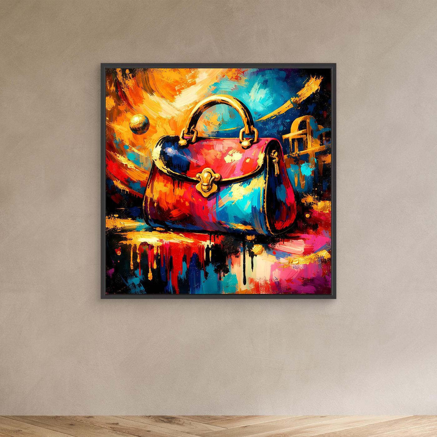 Leinwandbild mit abstrakter Handtasche in Blau, Rot und Orange, im schwarzen Rahmen