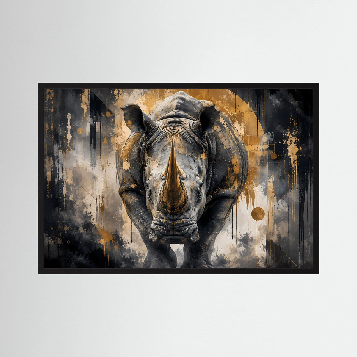 Nashorn-Poster im Querformat mit Schwarz-, Gold- und Grauelementen