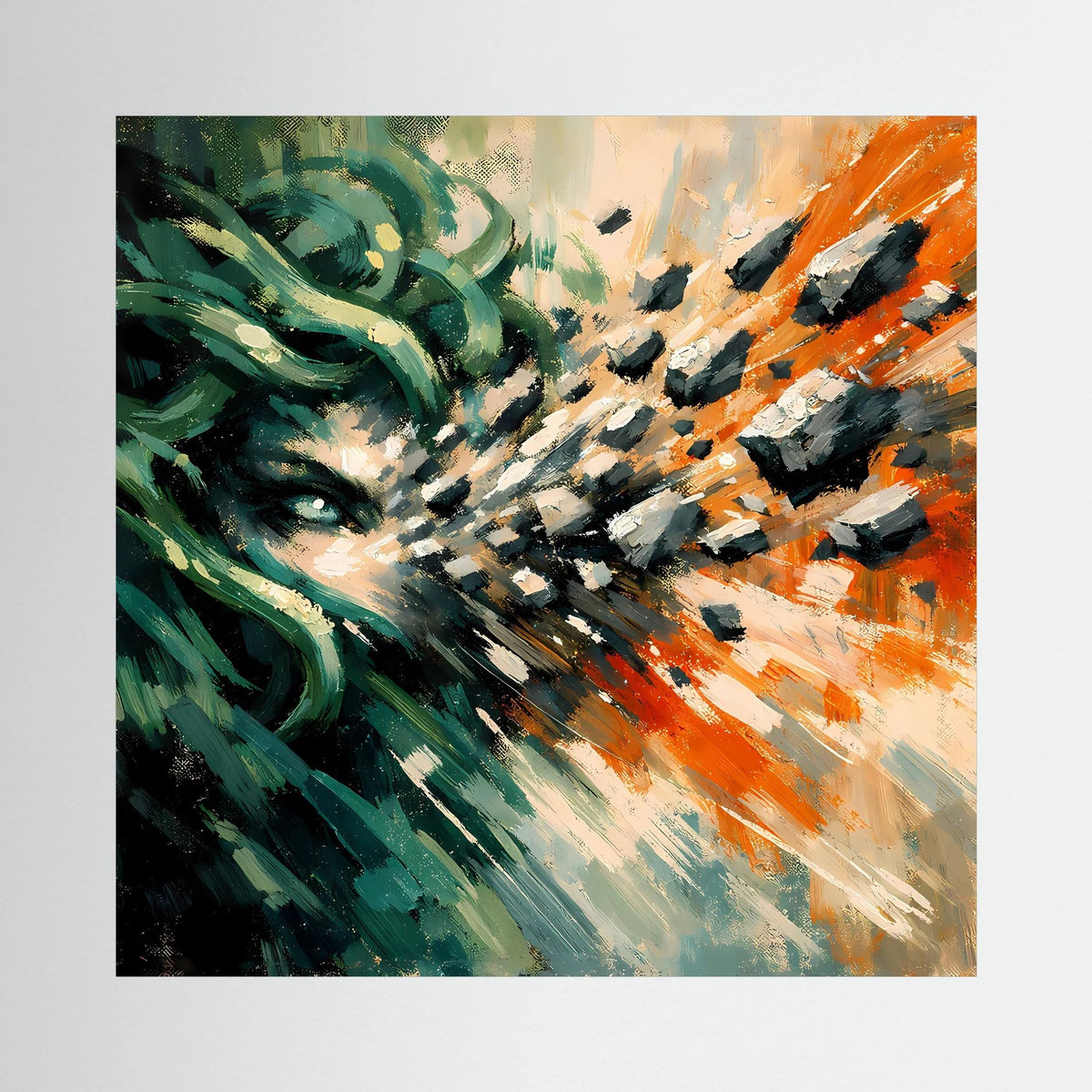 Quadratisches Leinwandbild mit Medusa-Porträt, grünen Strähnen und orangefarbenen Pinselstrichen, schwarzer Rand