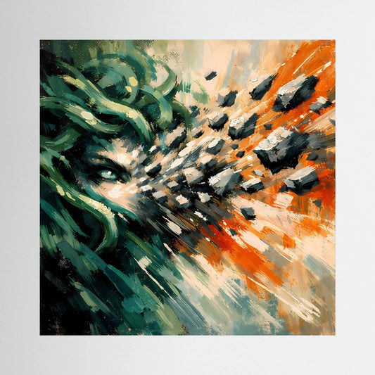 Quadratisches Leinwandbild mit Medusa-Porträt, grünen Strähnen und orangefarbenen Pinselstrichen, schwarzer Rand