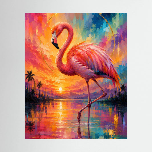 Kunstposter mit Flamingo in Pink und Türkis, Sonnenuntergang und Spiegelung im Wasser