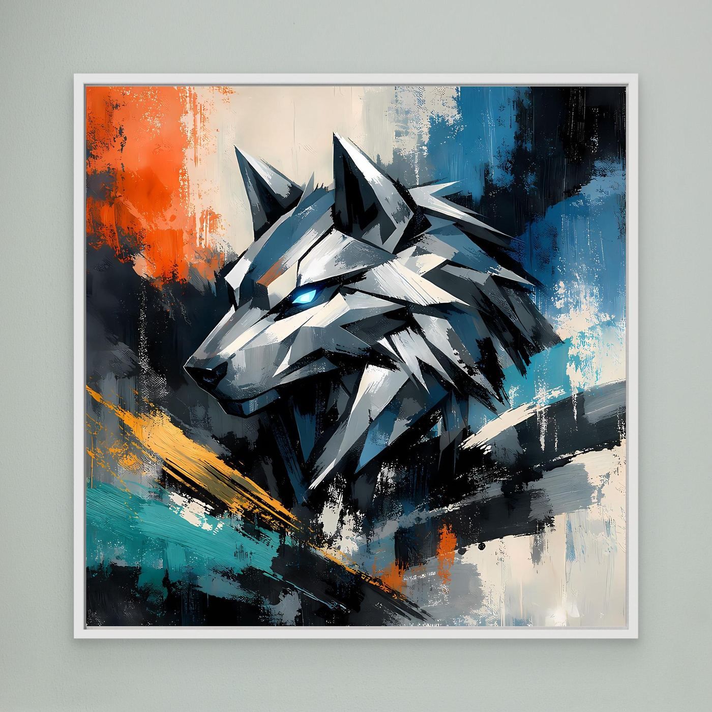 Leinwand-Wandbild mit geometrischem Cyber-Wolf, weiß eingefasst