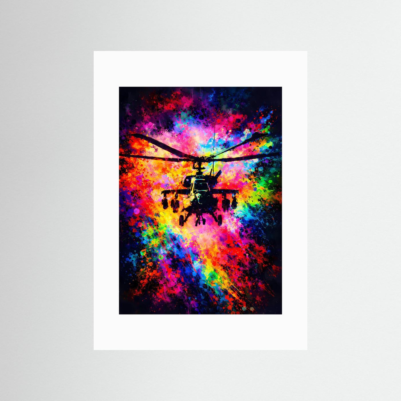 Explosive Dynamik | Helikopter Poster in bunten Neon-Farben & Graffiti-Optik | Abstraktes Kunstposter Hochformat