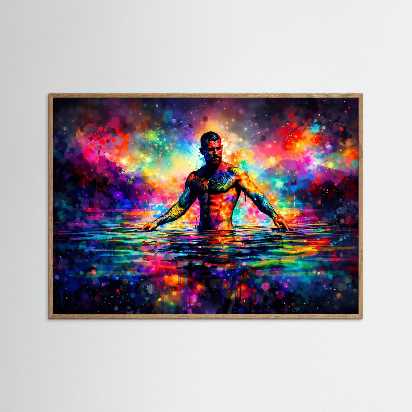 Abstraktes Querformat-Poster mit Holzrahmen und Neonfigur im Wasser mit bunten Farbschleiern