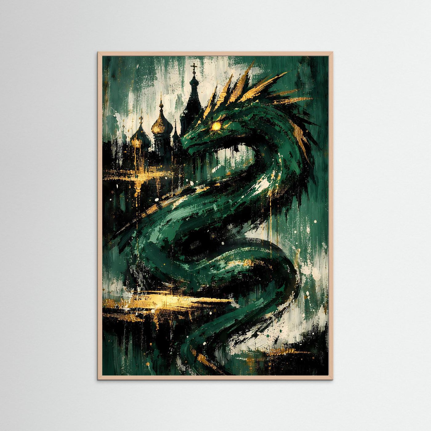 Drachenposter „Der grüne Wächter“ im Roséholzrahmen: grüner Drache, goldene Akzente