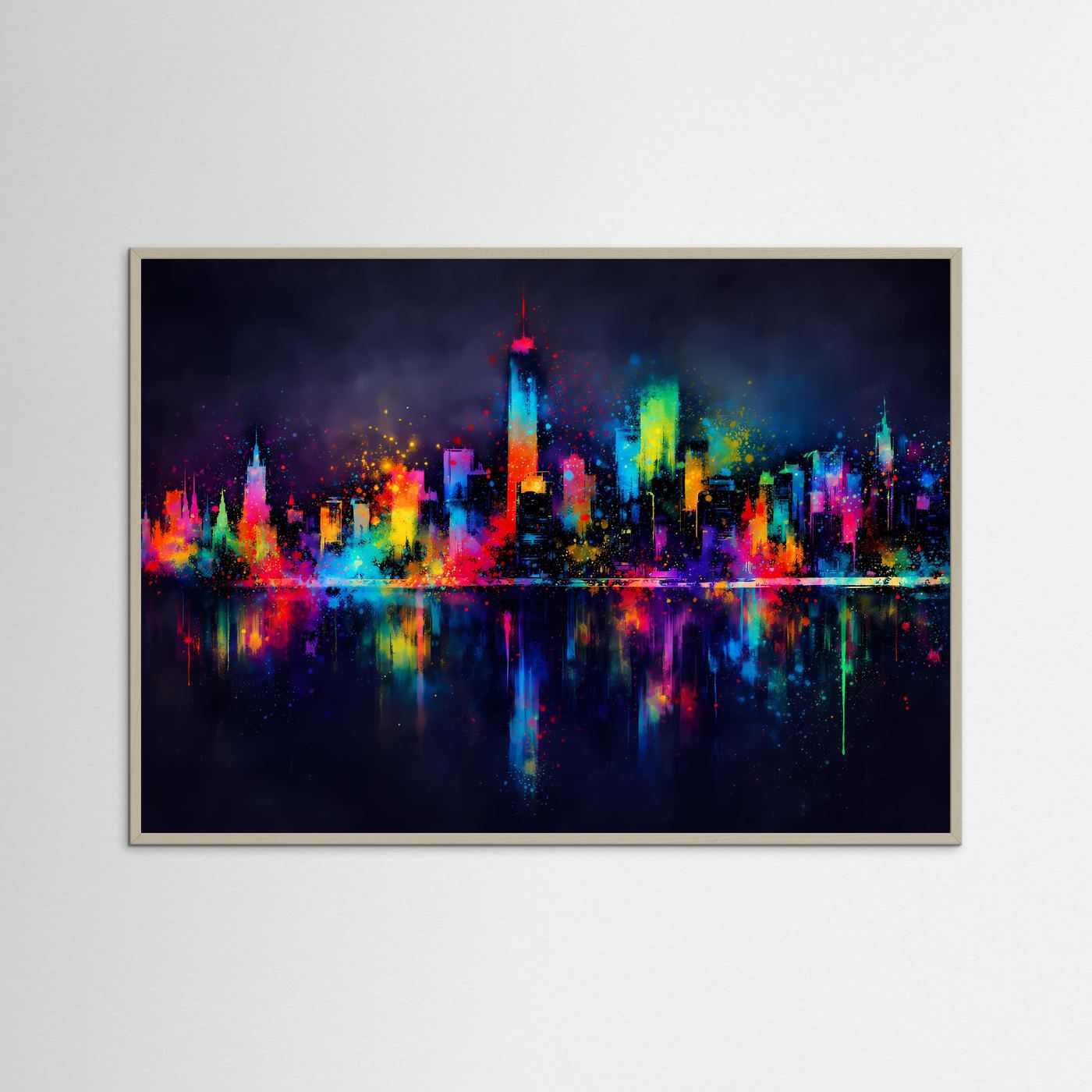 Wandbild mit abstrakter Großstadt-Skyline bei Nacht im braunen Rahmen, farbige Sprenkel und Reflexion
