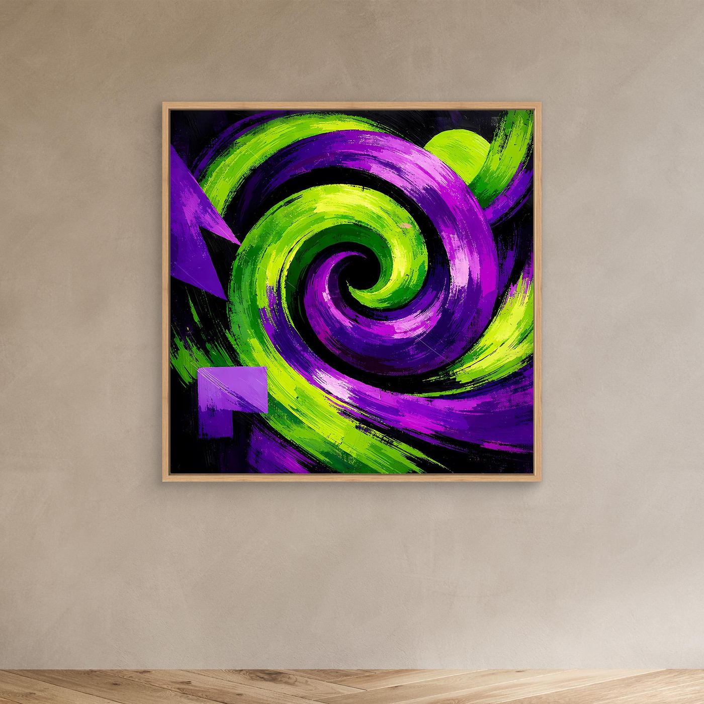 Abstraktes Leinwandbild im Eichenrahmen mit violett-grünem Spiralmotiv