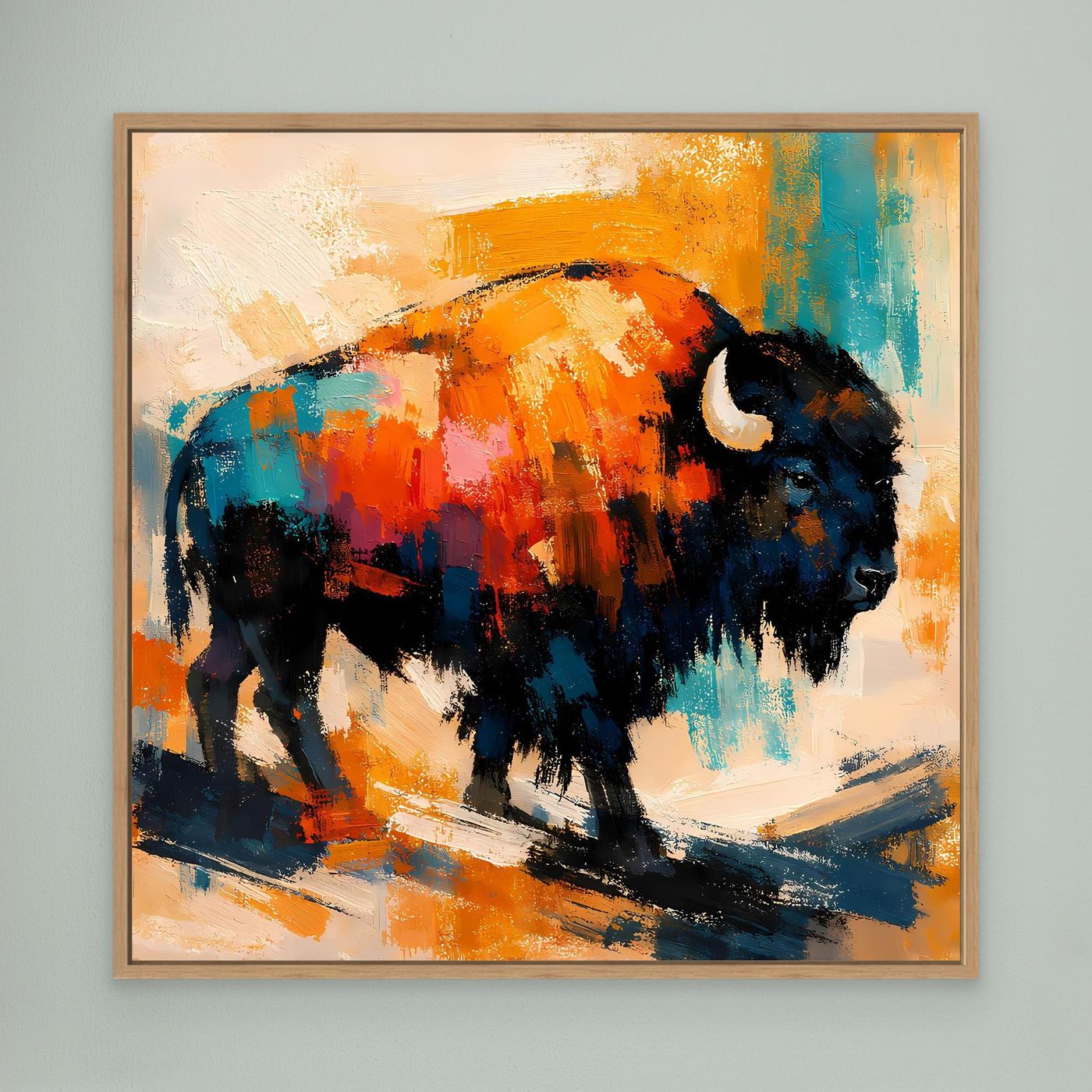 Oak-framed modern abstract bison wall art with orange, teal, and dark blue paint strokes