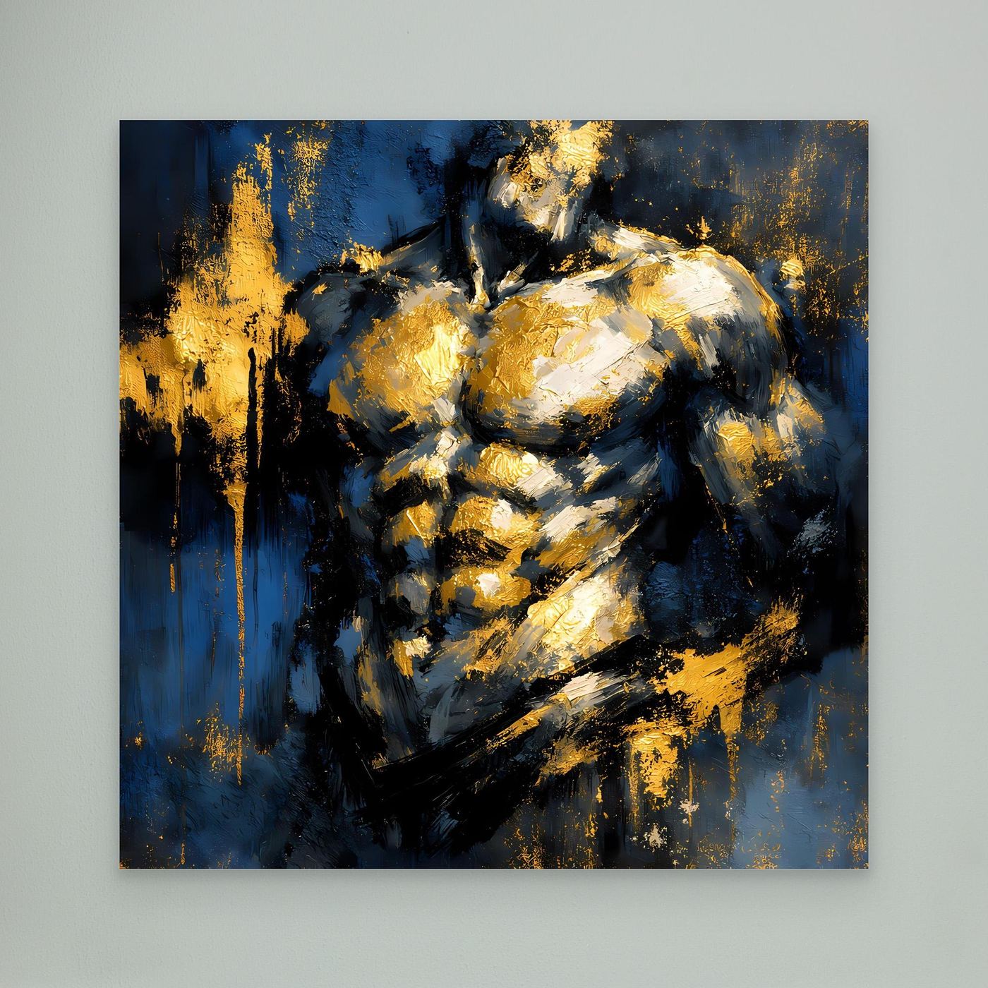 Leinwand Kraftvoller Männlicher Torso in Gold und Blau | Abstraktes Bodybuilding Wandbild