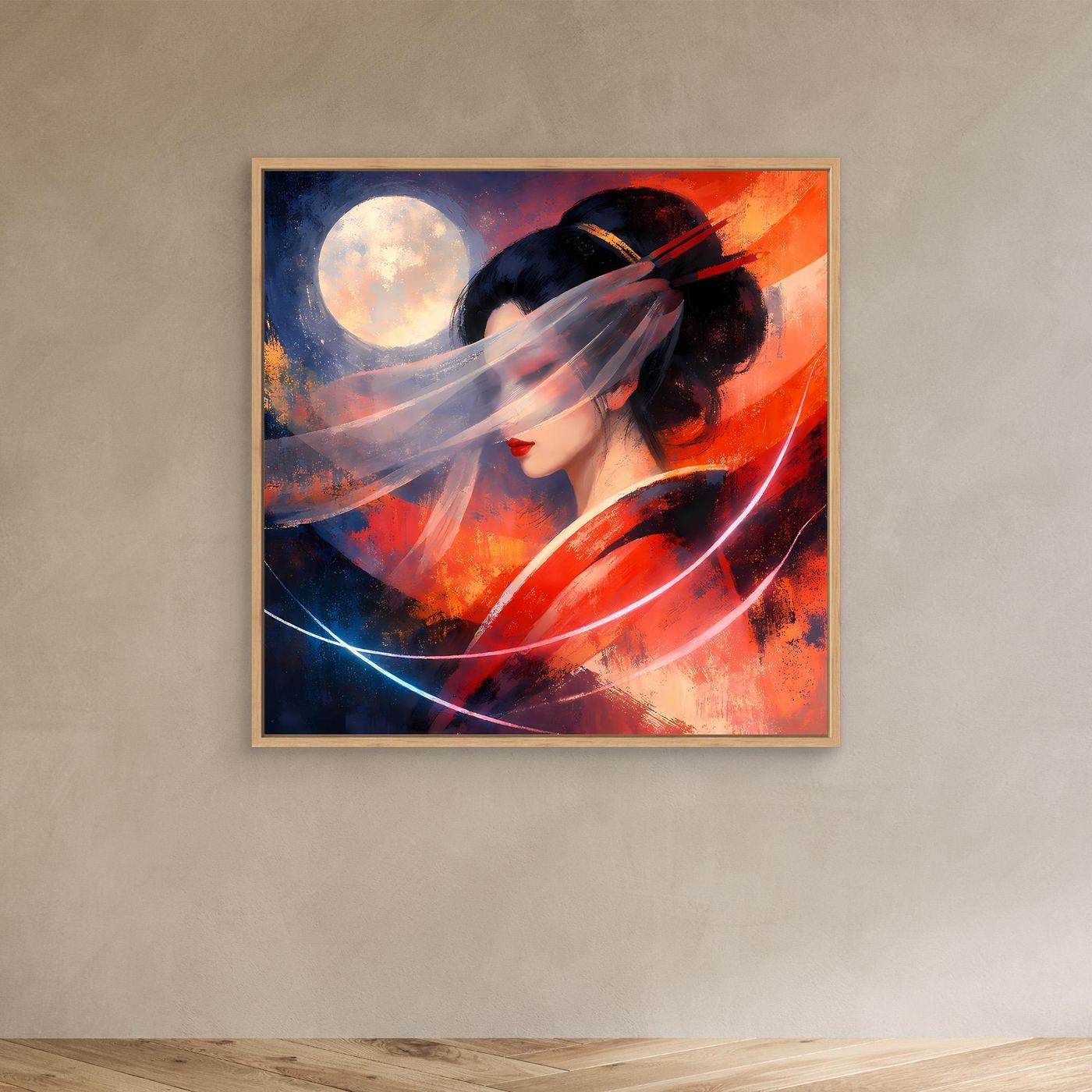Gerahmtes Leinwandbild mit Geisha-Porträt, rotem und blauem Abstrakt, Holzrahmen (hell)